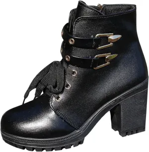 Ankle Boots for Women, Leather High Chunky Block Heel Side Zip Ankle Boots Winter Lace Up Riding Boots Combat Boots