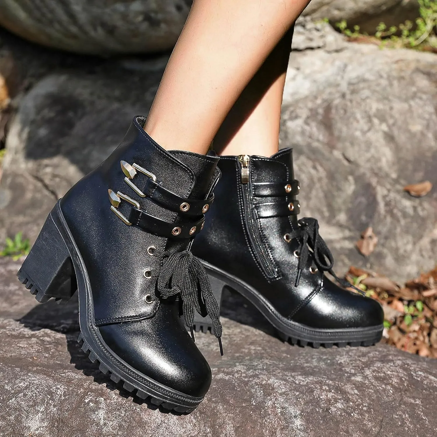Ankle Boots for Women, Leather High Chunky Block Heel Side Zip Ankle Boots Winter Lace Up Riding Boots Combat Boots