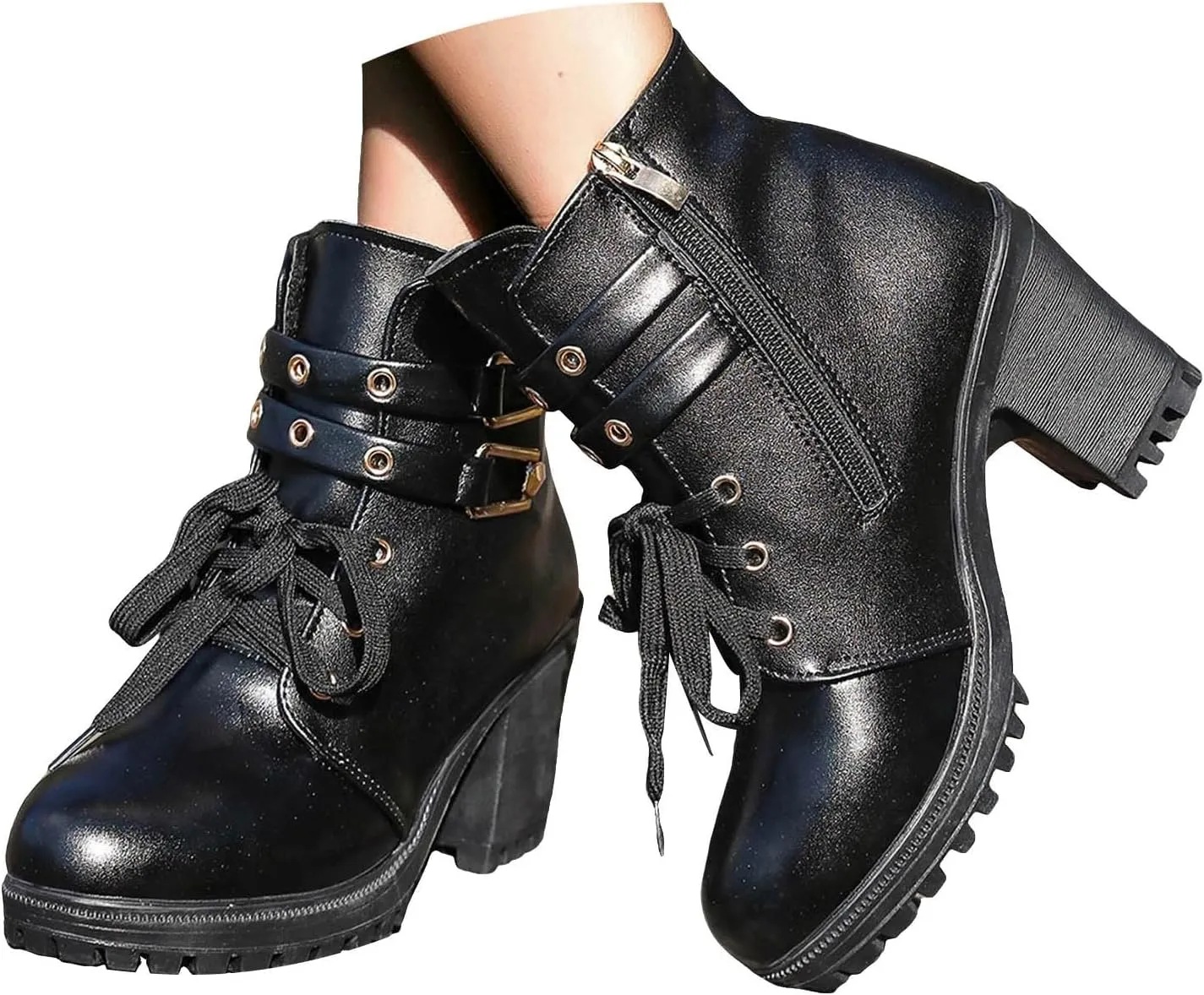 Ankle Boots for Women, Leather High Chunky Block Heel Side Zip Ankle Boots Winter Lace Up Riding Boots Combat Boots