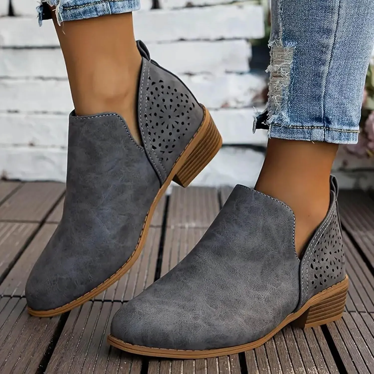 Ankle Boots for Women Women's Low Chunky Stacked Heel Cut out Boots Perforated Western Fashion Round Toe Shoes Ankle Booties