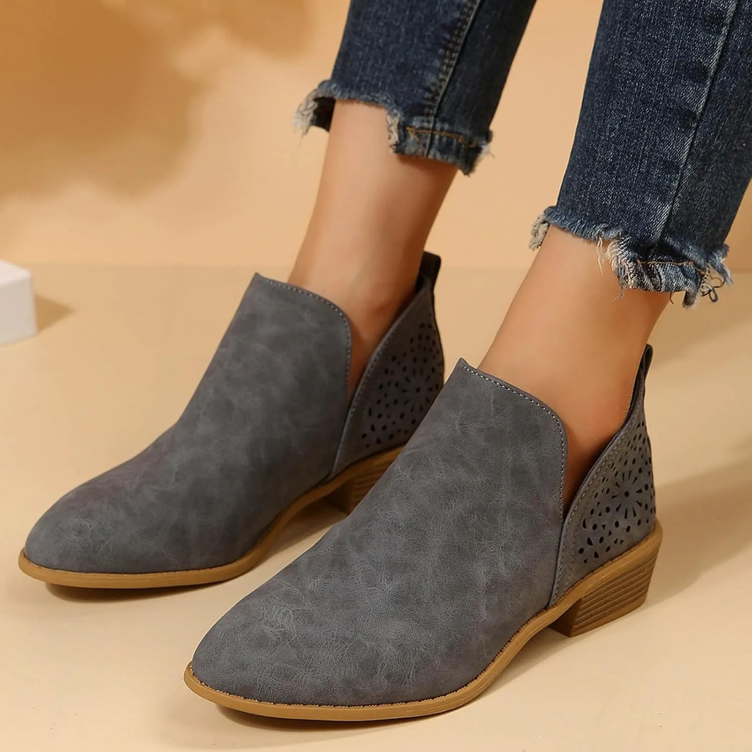 Ankle Boots for Women Women's Low Chunky Stacked Heel Cut out Boots Perforated Western Fashion Round Toe Shoes Ankle Booties