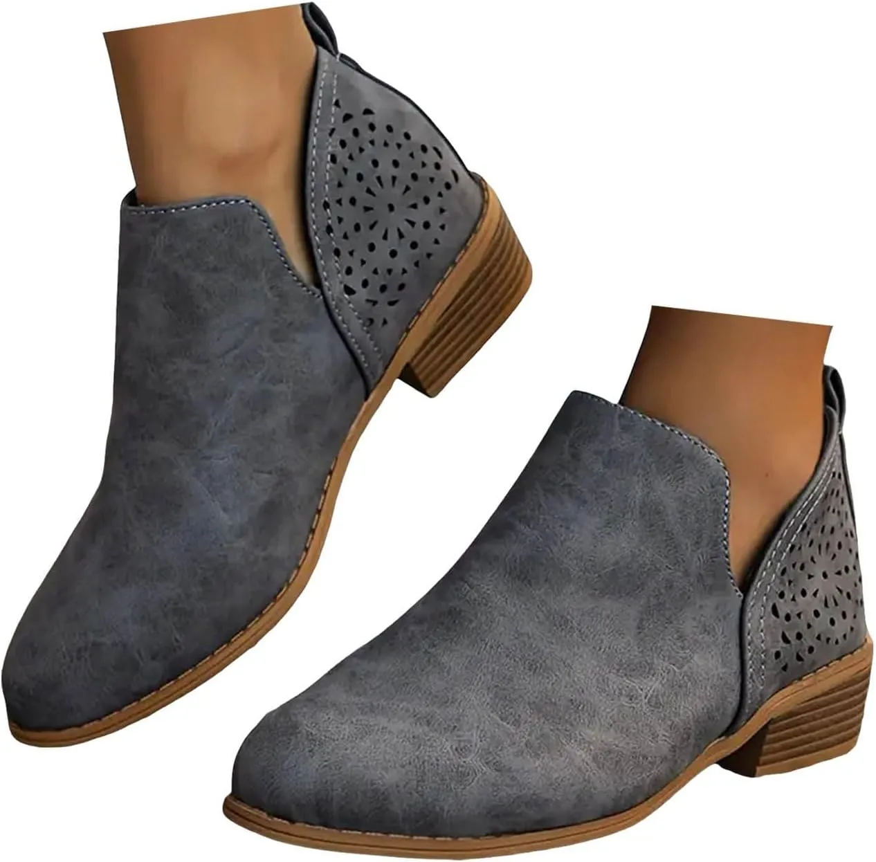 Ankle Boots for Women Women's Low Chunky Stacked Heel Cut out Boots Perforated Western Fashion Round Toe Shoes Ankle Booties