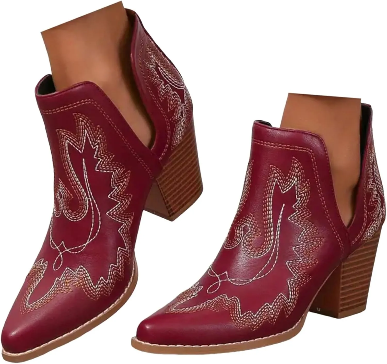 Cathalem Ankle Boots for Women Cowgirl Cowboy Western Embroidered Stitched Pointed Toe Cutout Chunky Heels Short Boots