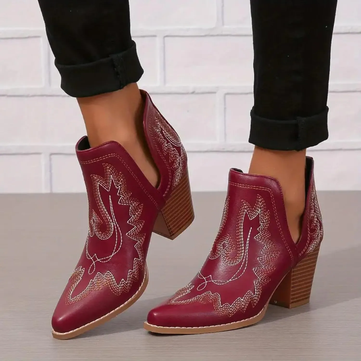 Cathalem Ankle Boots for Women Cowgirl Cowboy Western Embroidered Stitched Pointed Toe Cutout Chunky Heels Short Boots