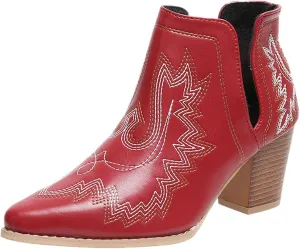 Cathalem Ankle Boots for Women Cowgirl Cowboy Western Embroidered Stitched Pointed Toe Cutout Chunky Heels Short Boots