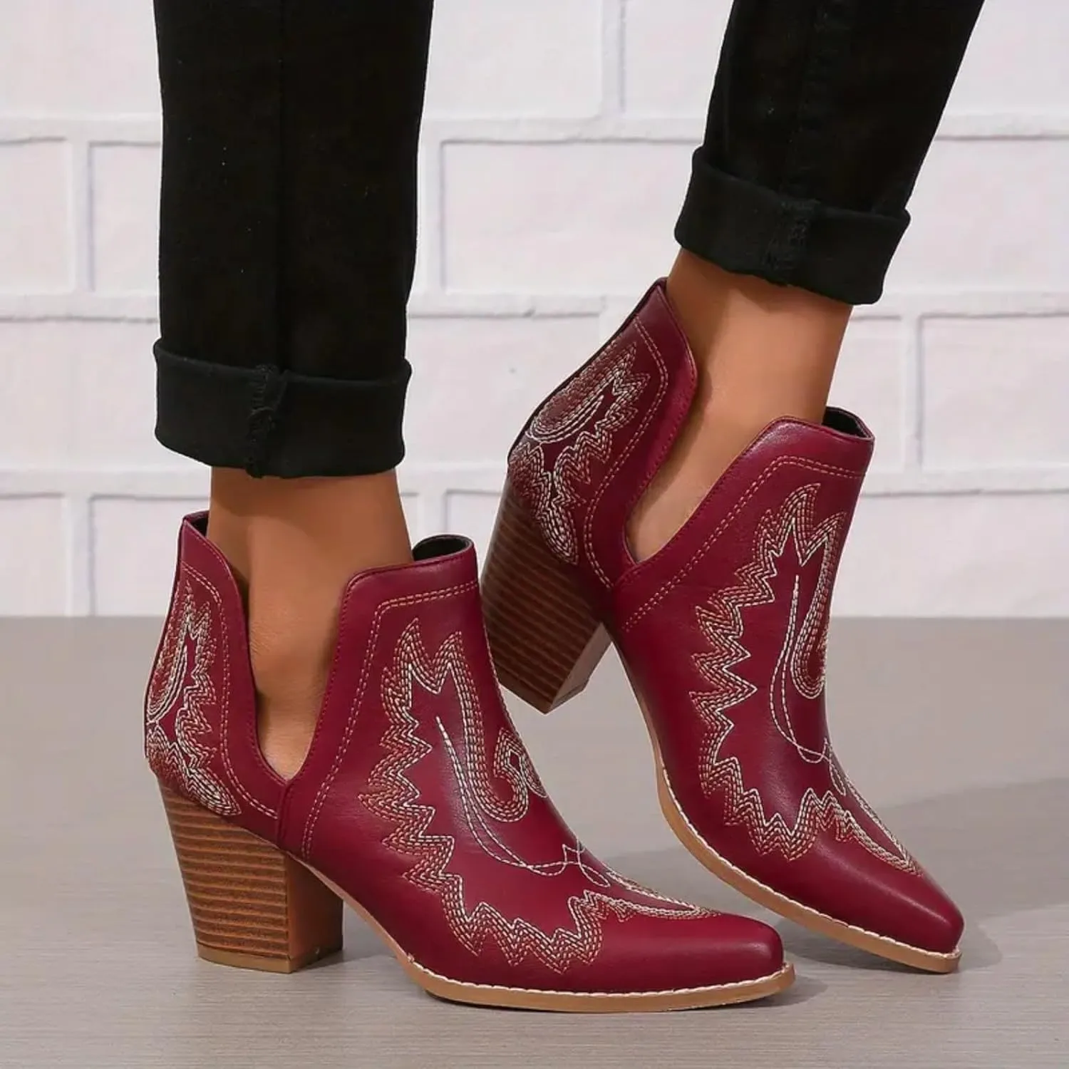 Cathalem Ankle Boots for Women Cowgirl Cowboy Western Embroidered Stitched Pointed Toe Cutout Chunky Heels Short Boots