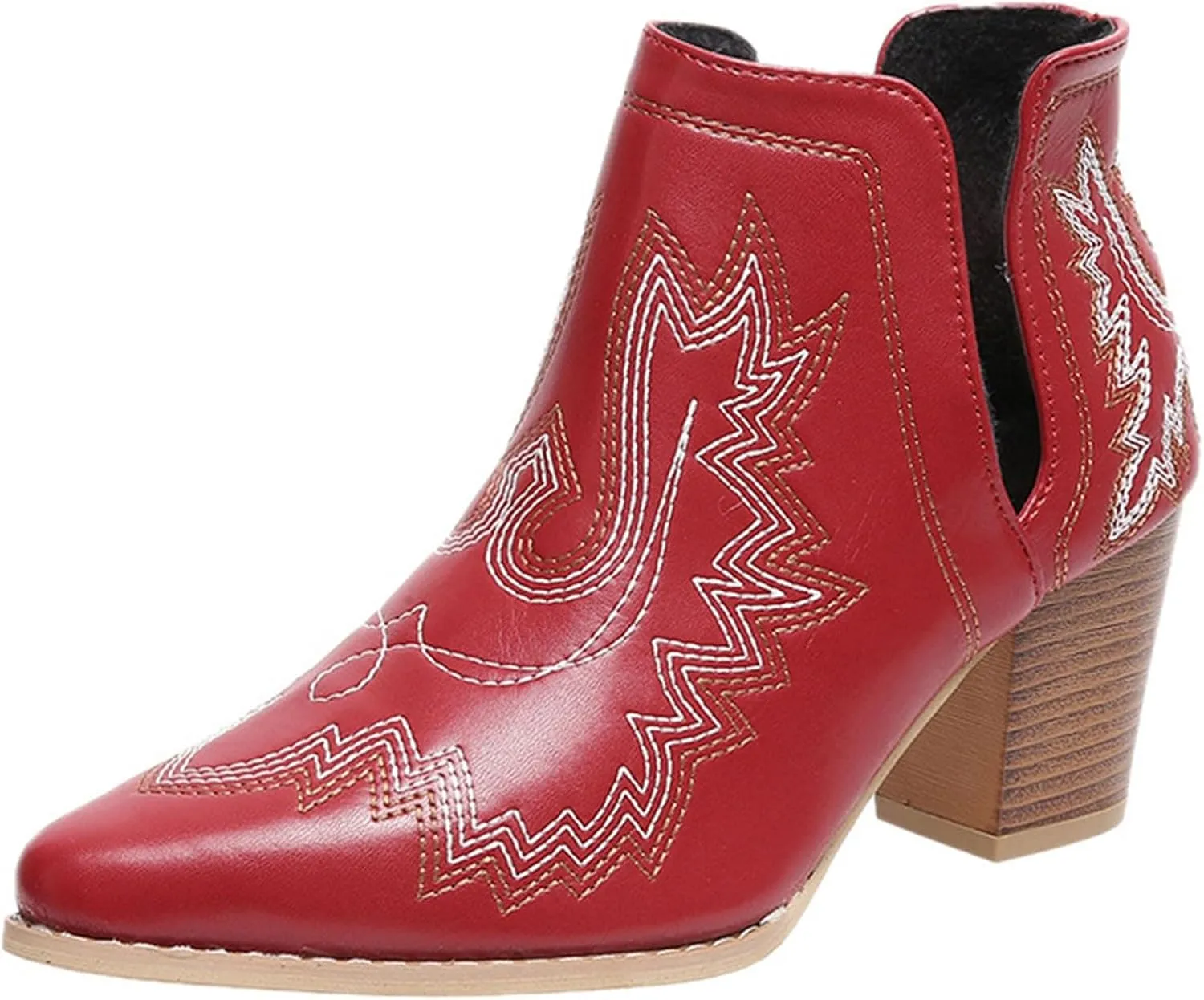 Cathalem Ankle Boots for Women Cowgirl Cowboy Western Embroidered Stitched Pointed Toe Cutout Chunky Heels Short Boots