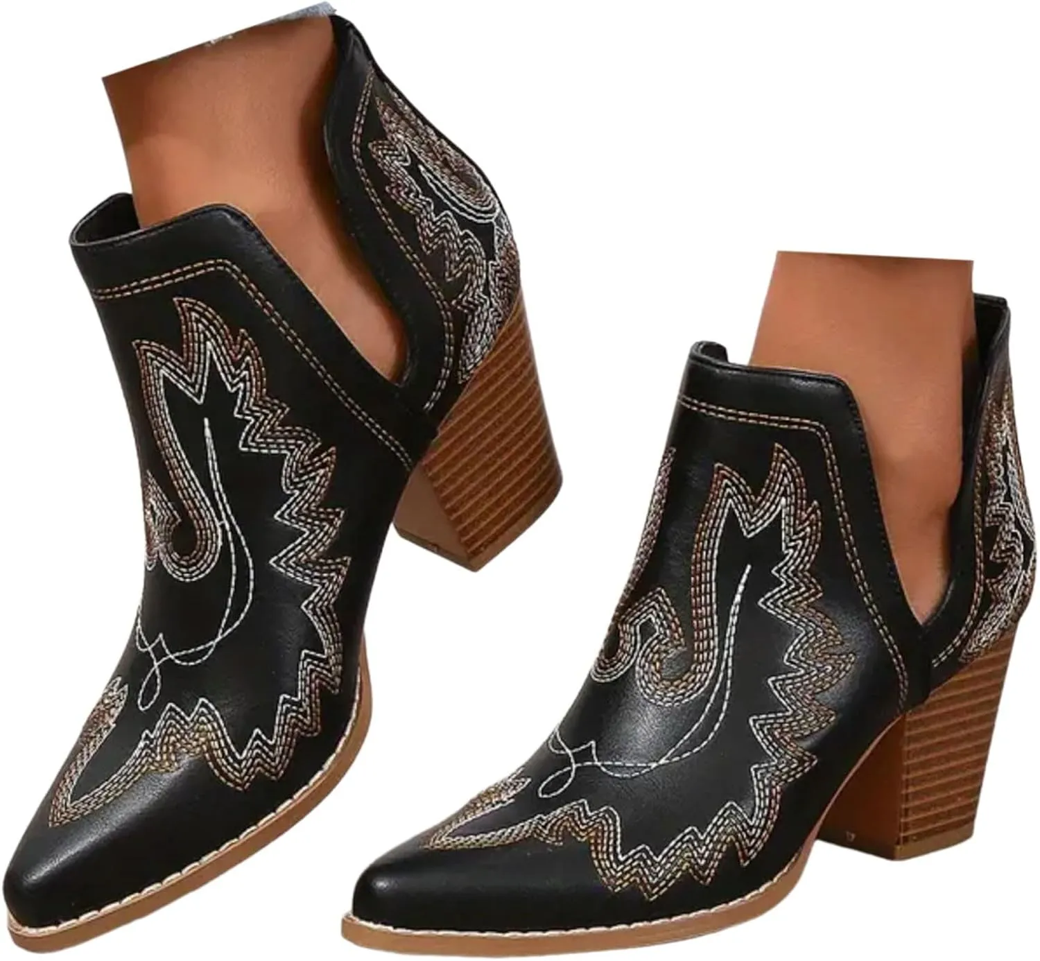 Cathalem Cowboy Boots for Women 2024 Cowgirl Ankle Western Embroidered Stitched Pointed Toe Cutout Chunky Heels Short Booties