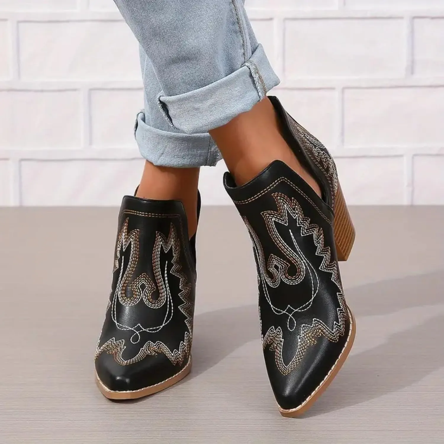 Cathalem Cowboy Boots for Women 2024 Cowgirl Ankle Western Embroidered Stitched Pointed Toe Cutout Chunky Heels Short Booties