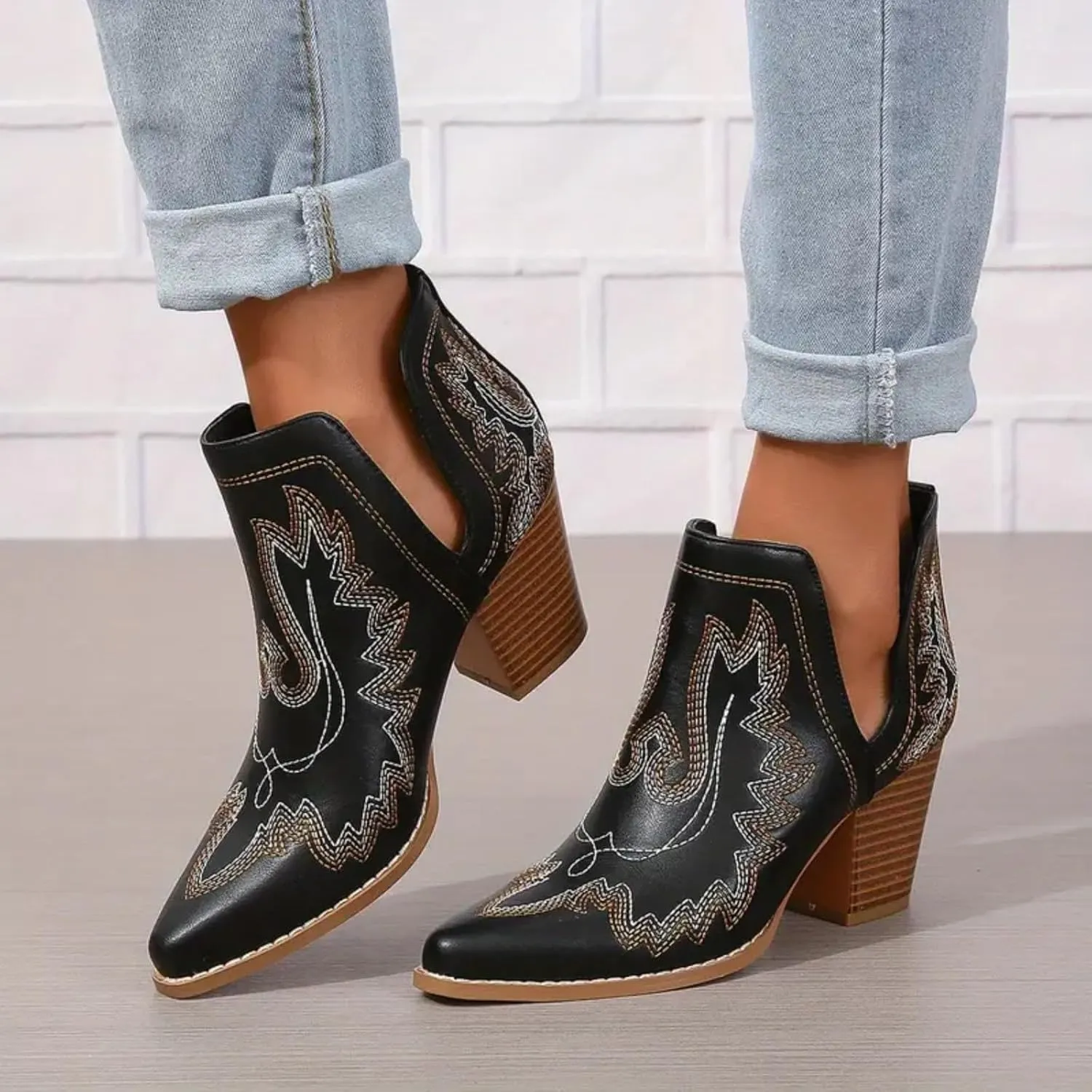 Cathalem Cowboy Boots for Women 2024 Cowgirl Ankle Western Embroidered Stitched Pointed Toe Cutout Chunky Heels Short Booties