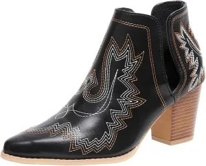Cathalem Cowboy Boots for Women 2024 Cowgirl Ankle Western Embroidered Stitched Pointed Toe Cutout Chunky Heels Short Booties