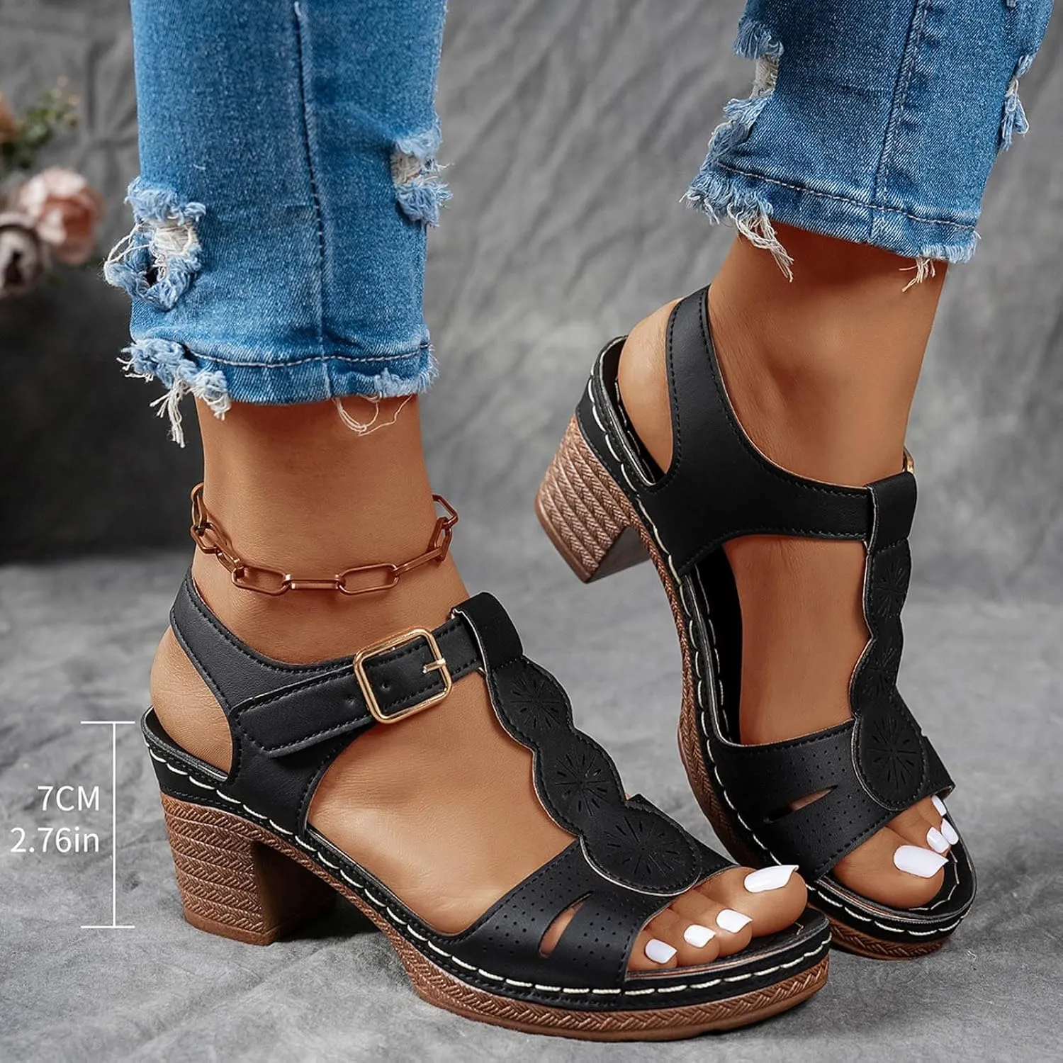 Eduavar Women's Wedge Sandals, Orthopedic Leather Peep Toe Cutout Zipper Chunky Heeled Sandals in White, Brown for Casual Wear
