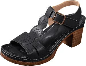 Eduavar Women's Wedge Sandals, Orthopedic Leather Peep Toe Cutout Zipper Chunky Heeled Sandals in White, Brown for Casual Wear
