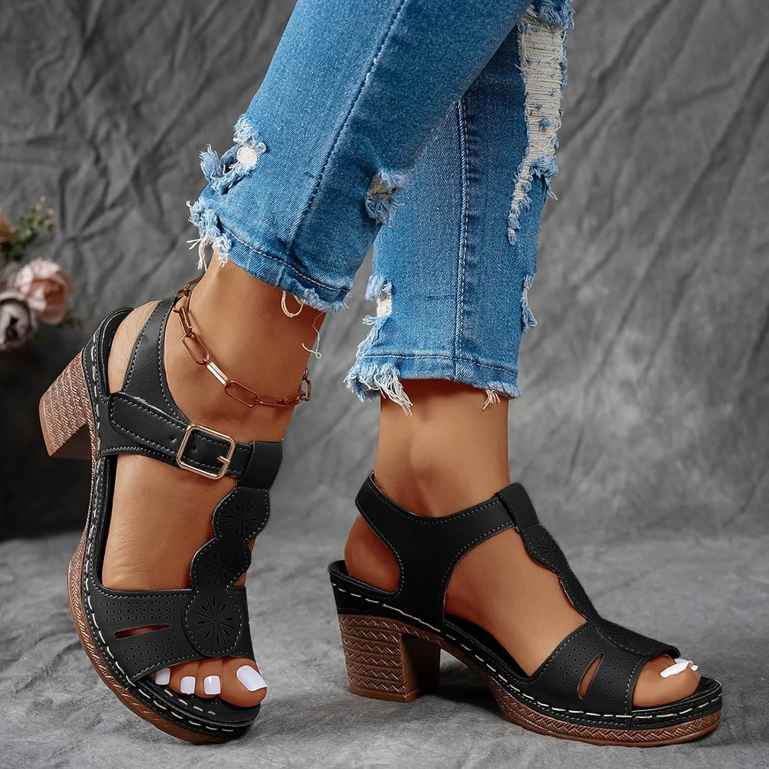 Eduavar Women's Wedge Sandals, Orthopedic Leather Peep Toe Cutout Zipper Chunky Heeled Sandals in White, Brown for Casual Wear