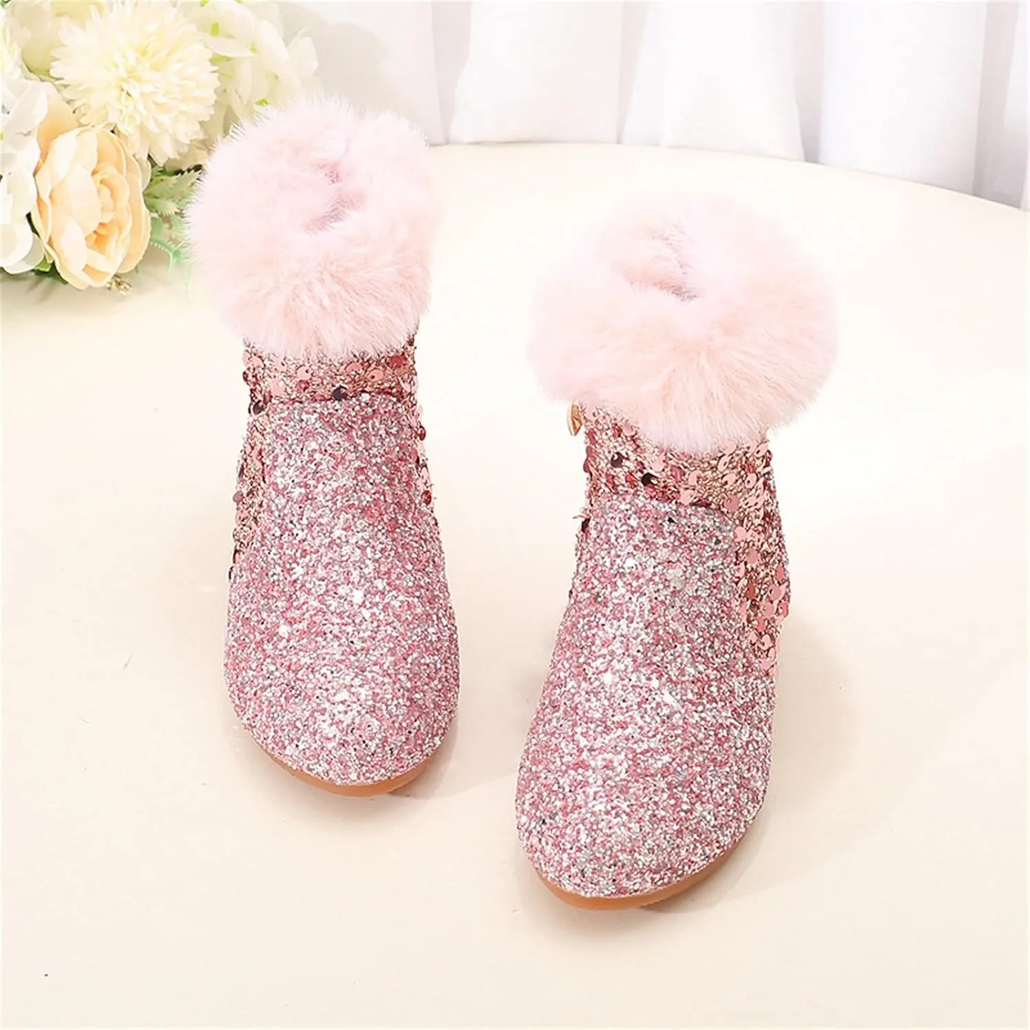 Girls Chunky Sequin Ankle Boots Low Heel Sparkly Glitter Booties Fleece Fr Lined Warm Shoes with Girl Boots Warm