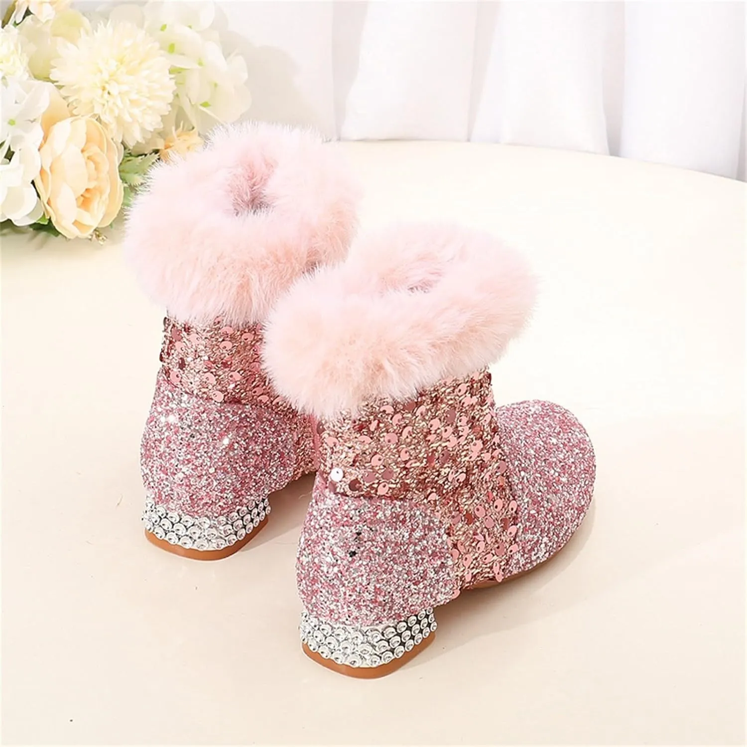 Girls Chunky Sequin Ankle Boots Low Heel Sparkly Glitter Booties Fleece Fr Lined Warm Shoes with Girl Boots Warm