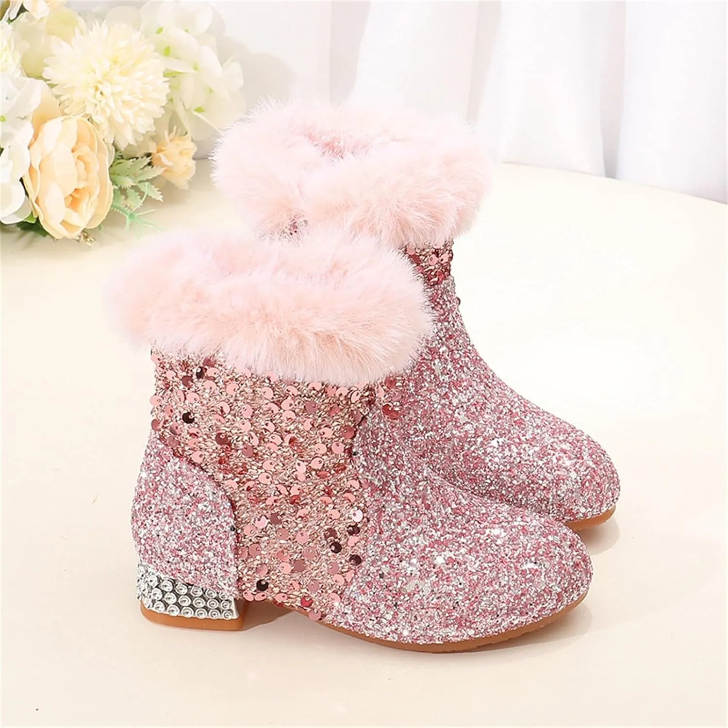 Girls Chunky Sequin Ankle Boots Low Heel Sparkly Glitter Booties Fleece Fr Lined Warm Shoes with Girl Boots Warm