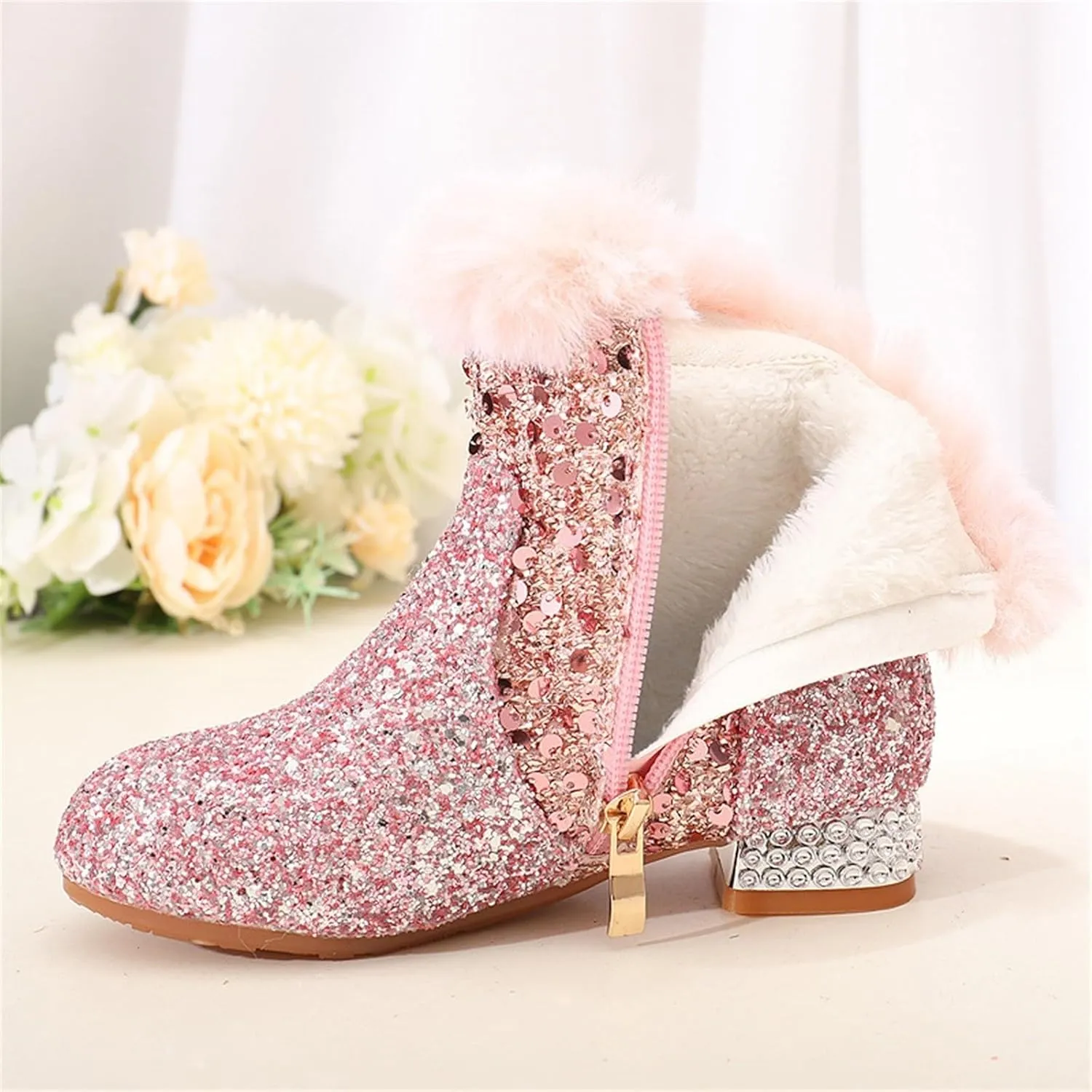 Girls Chunky Sequin Ankle Boots Low Heel Sparkly Glitter Booties Fleece Fr Lined Warm Shoes with Girl Boots Warm