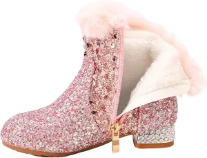 Girls Chunky Sequin Ankle Boots Low Heel Sparkly Glitter Booties Fleece Fr Lined Warm Shoes with Girl Boots Warm