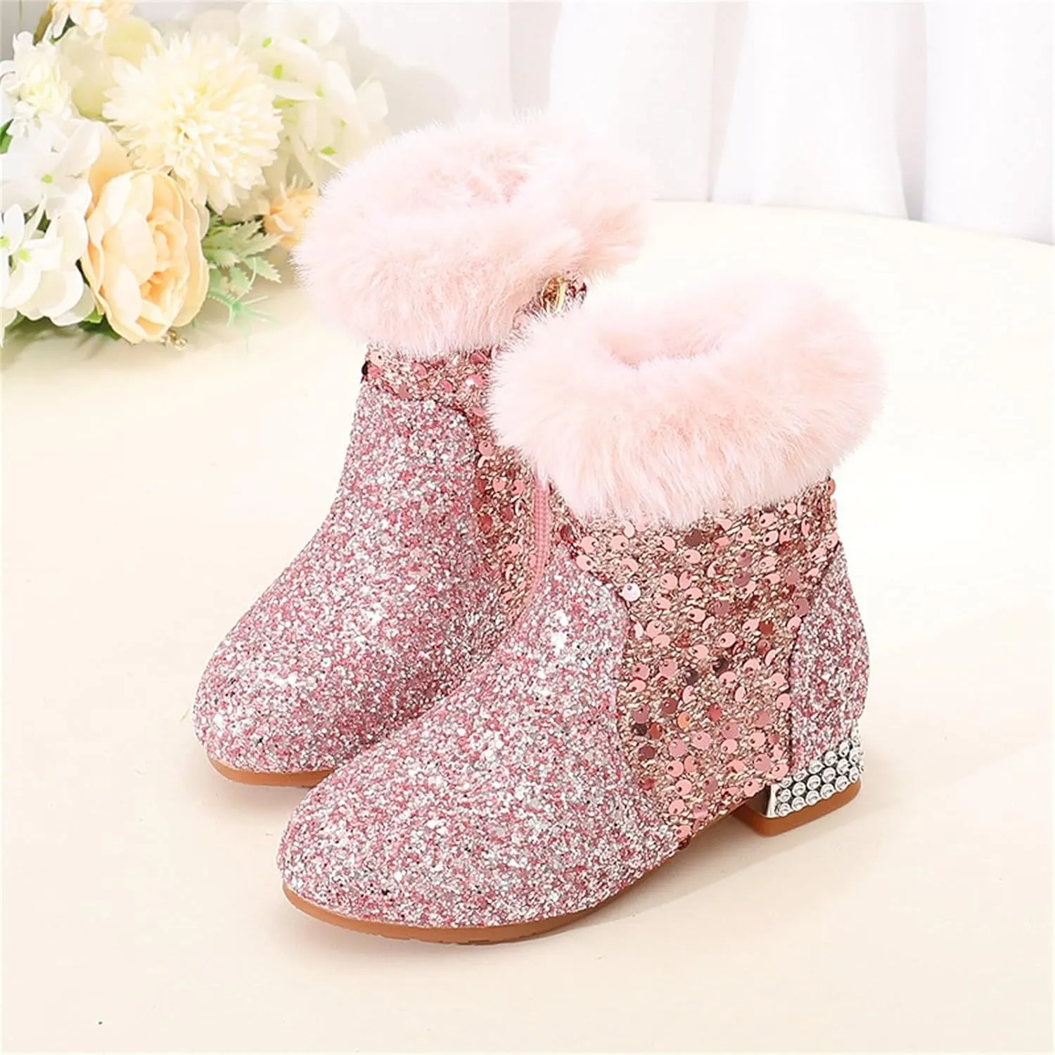 Girls Chunky Sequin Ankle Boots Low Heel Sparkly Glitter Booties Fleece Fr Lined Warm Shoes with Girl Boots Warm