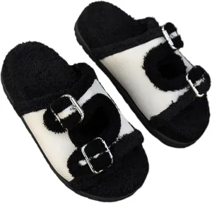 Plush Slippers Thick Sole Open Toe for Women Metal Buckle Fuzzy Slippers Fashion Cozy Fluffy Indoor Home Slipper