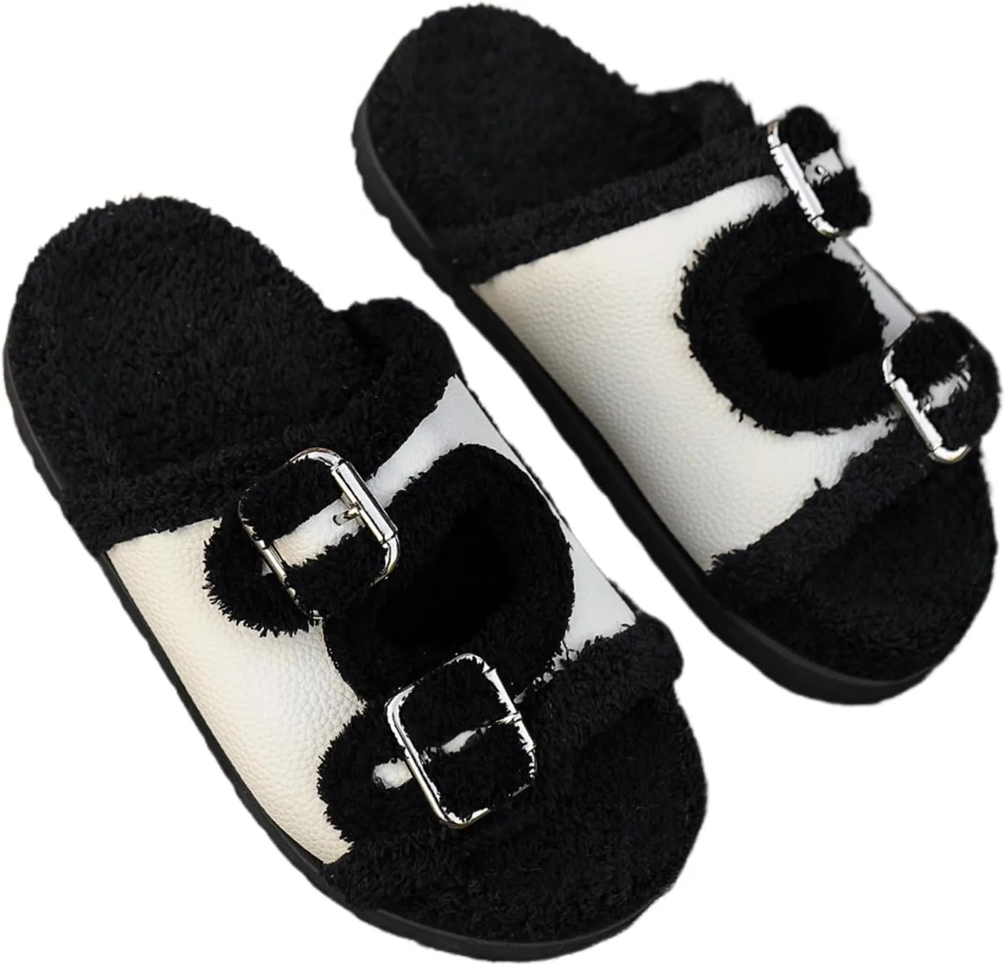 Plush Slippers Thick Sole Open Toe for Women Metal Buckle Fuzzy Slippers Fashion Cozy Fluffy Indoor Home Slipper