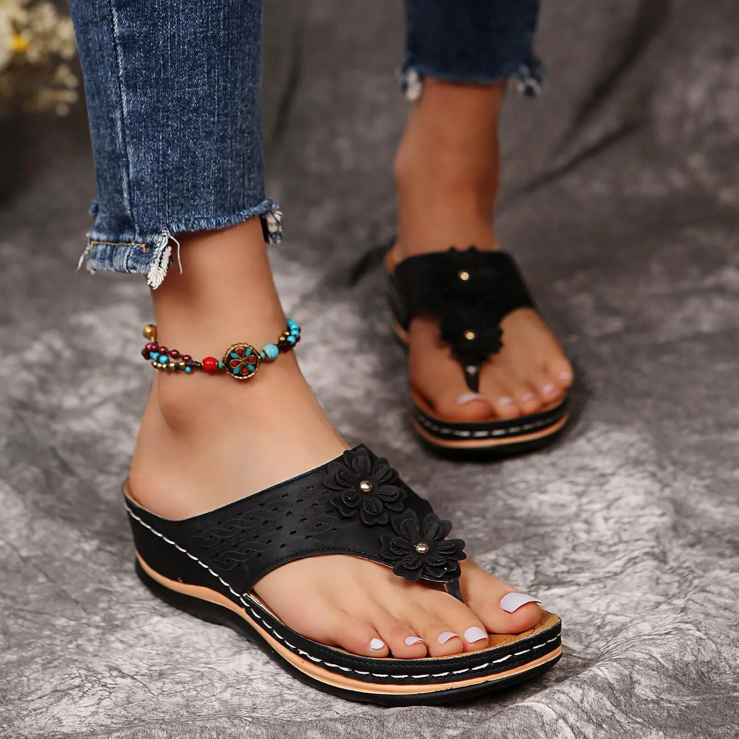 Sandalias para Mujer, Women Summer Comfortable Flip Flop Vintage Slide Sandals Slip on Open Toe Sandals