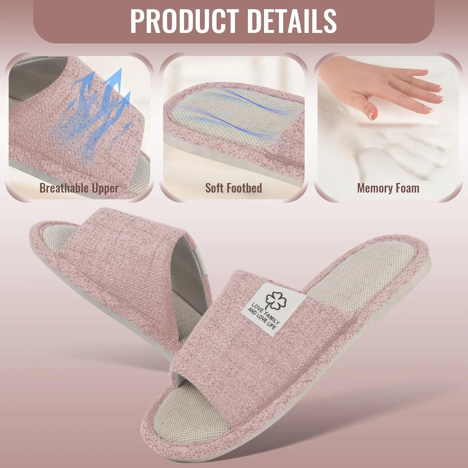 Slippers for Women,Memory Foam Soft Warm Slip On Open Toe Linen Cotton House Slippers,Anti-Skid Cozy for Indoor Outdoor Slippers