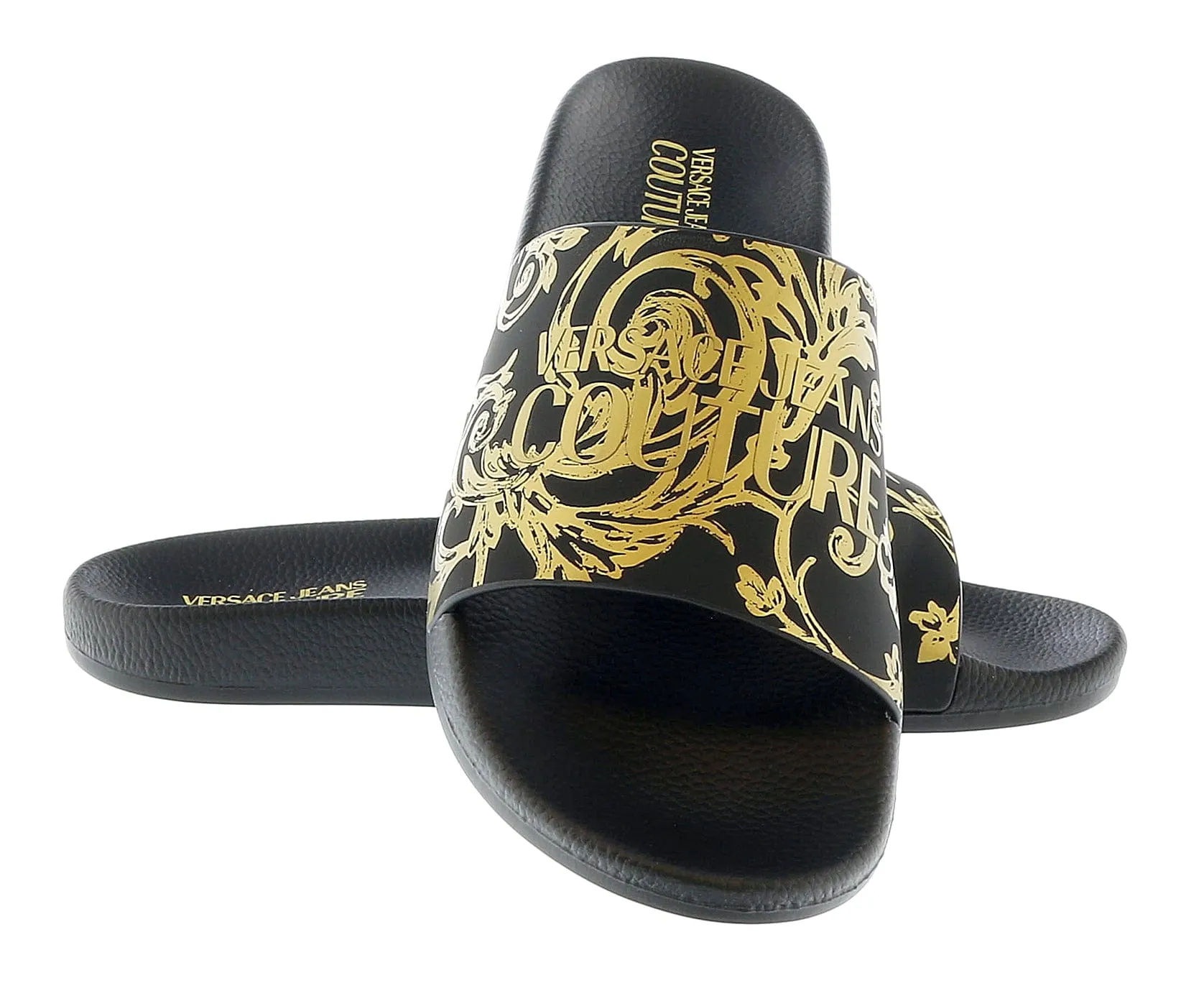 Versace Jeans Couture Black Gold Baroque Print  Pool Slide-