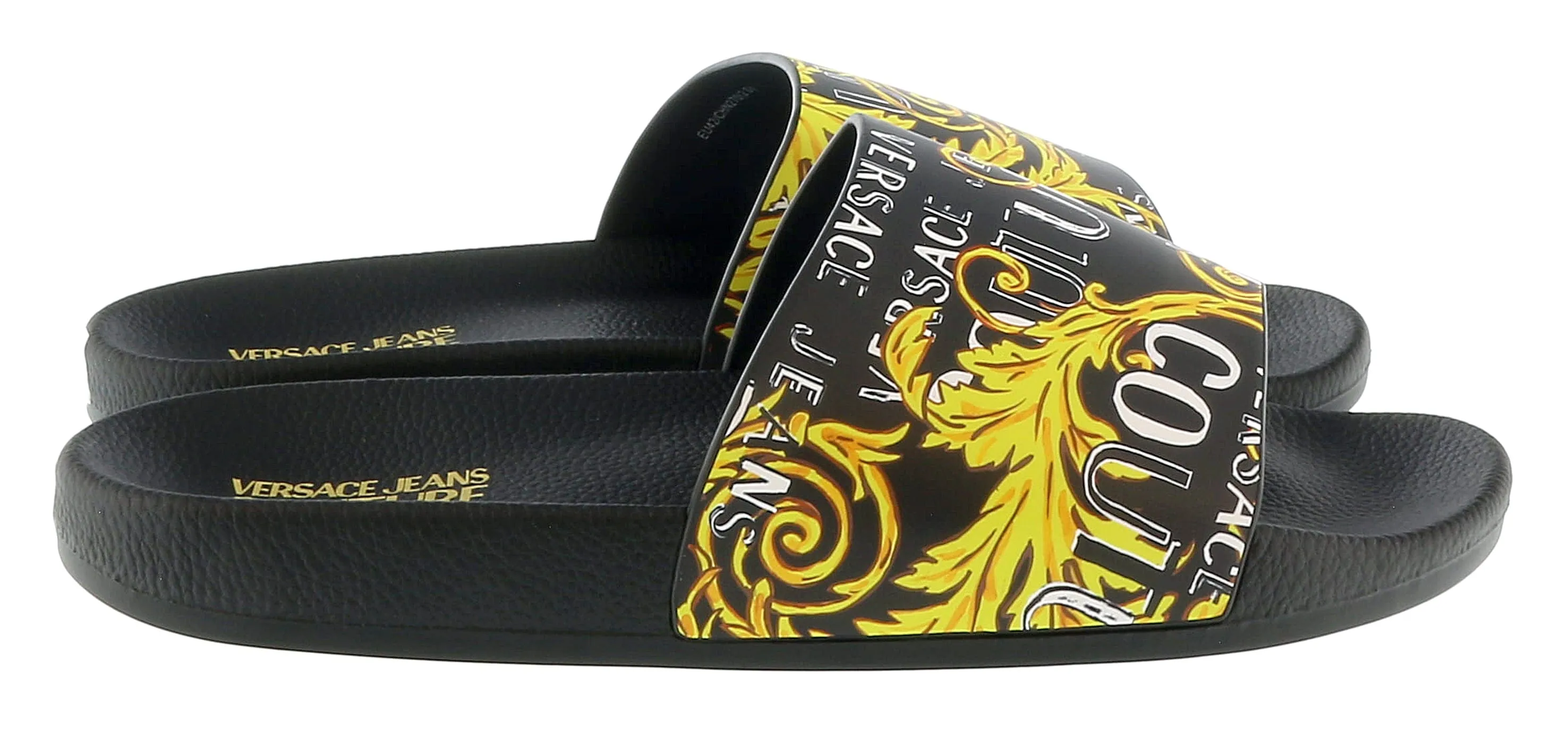 Versace Jeans Couture Black Gold Baroque Signature Print  Pool Slide-