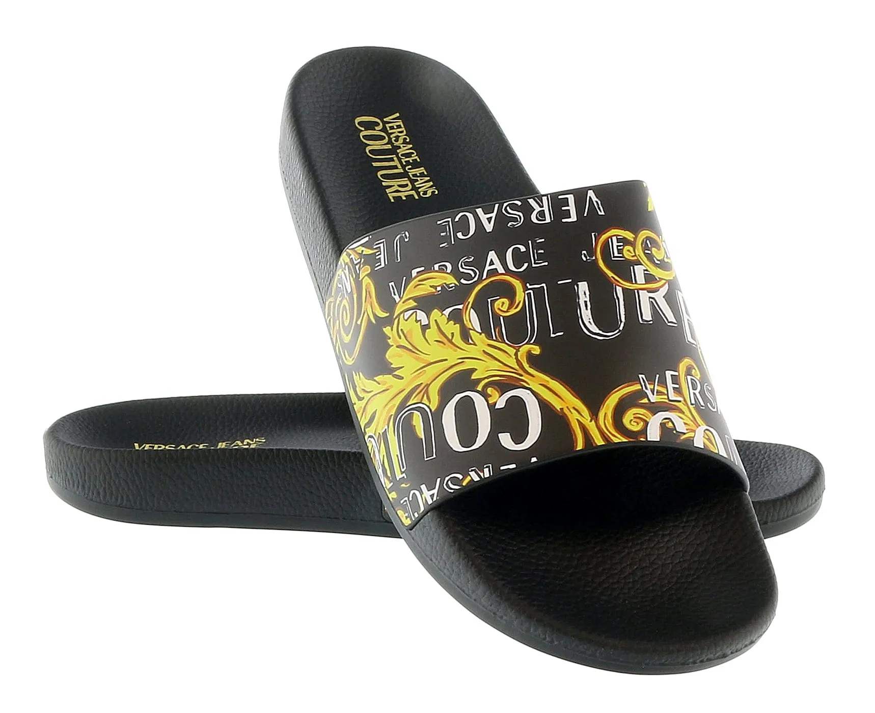 Versace Jeans Couture Black Gold Baroque Signature Print  Pool Slide-