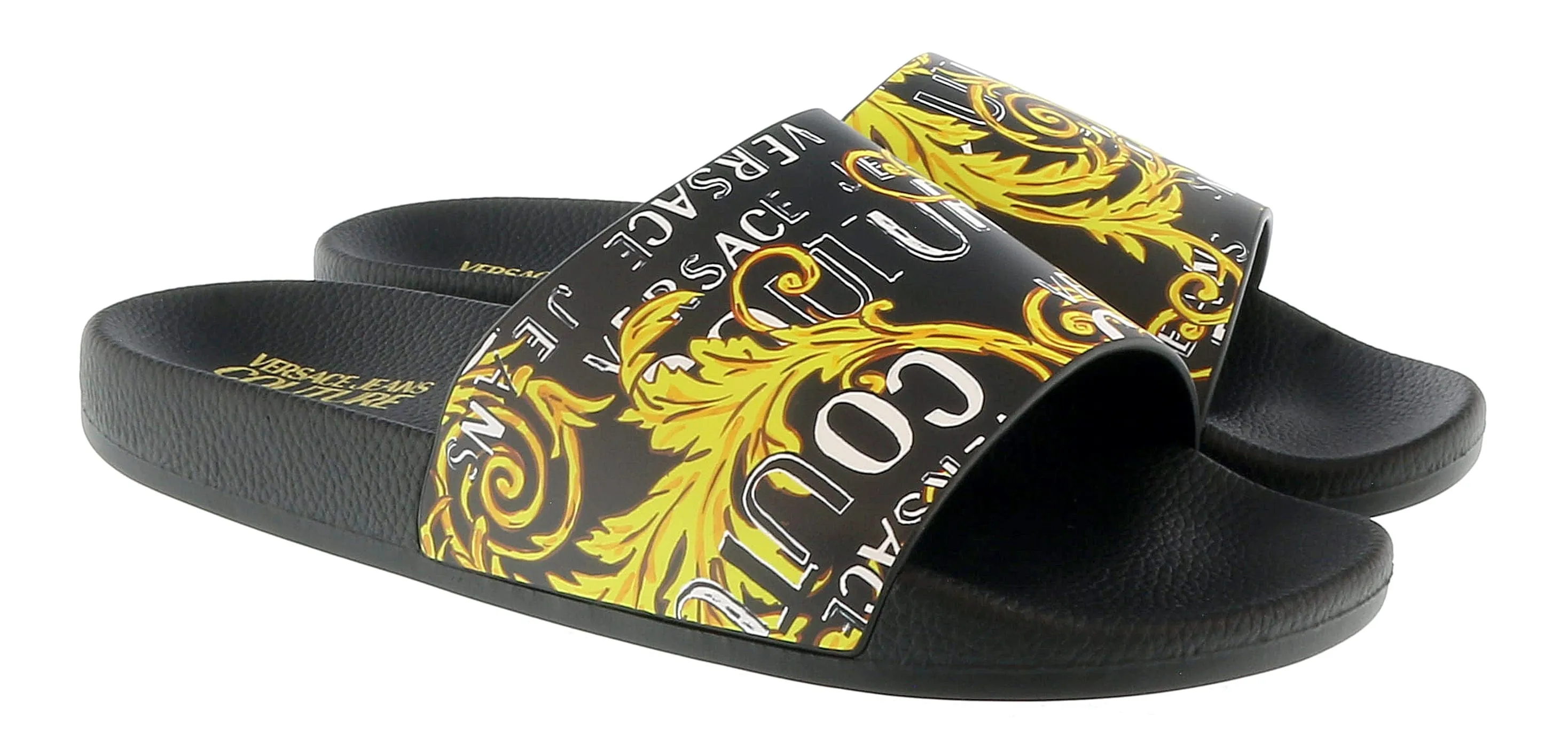Versace Jeans Couture Black Gold Baroque Signature Print  Pool Slide-
