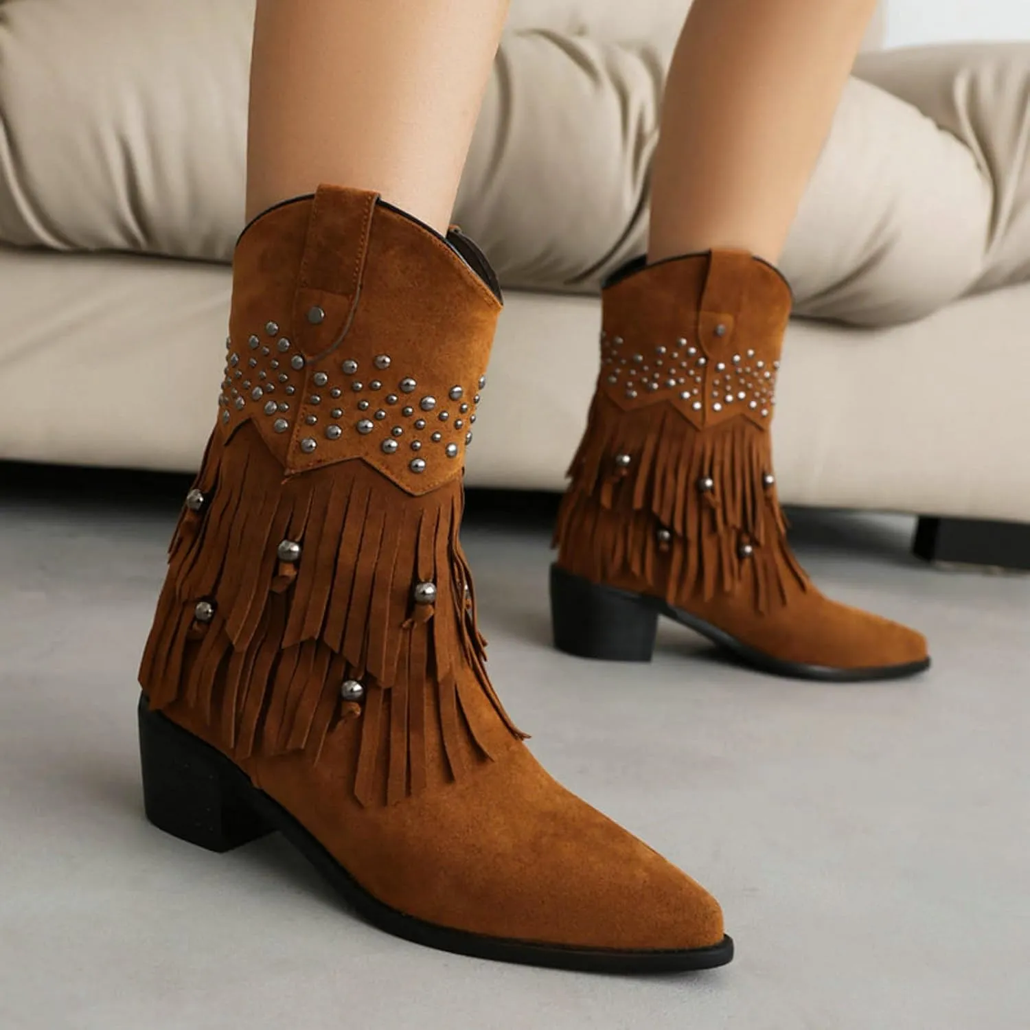 Women Western Boots Ankle Booties for Women Low Heel Women Cowboy Western Ankle Boots Pointed Toe Short Booties